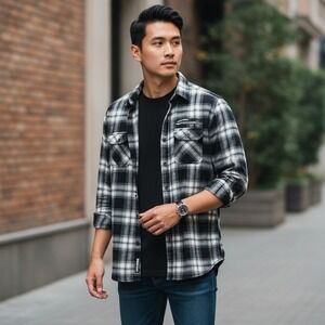 RAW YARN INDUSTRIES Mens Med Plaid Flannel Shirt Long‎ Sleeve Button Up Grunge